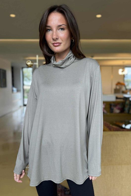 Essential Fine Jersey Polo Neck Top Mocha